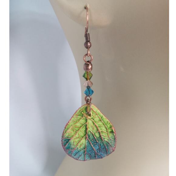 Artisan Copper Green Leaf Earrings Statement Dangles Colorful Swarovski Crystals - Picture 2 of 11